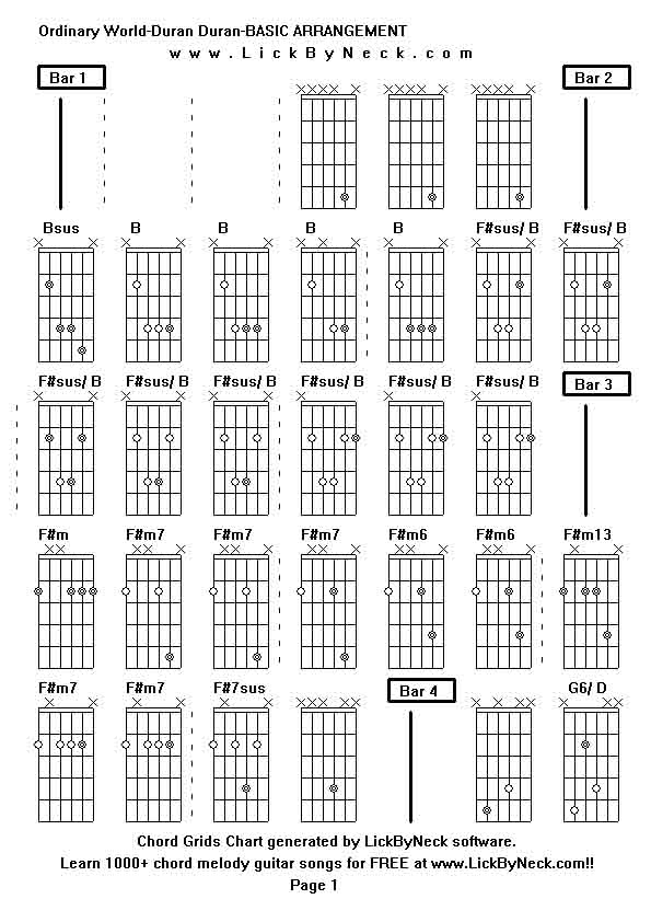 Chord Grids Chart of chord melody fingerstyle guitar song-Ordinary World-Duran Duran-BASIC ARRANGEMENT,generated by LickByNeck software.
